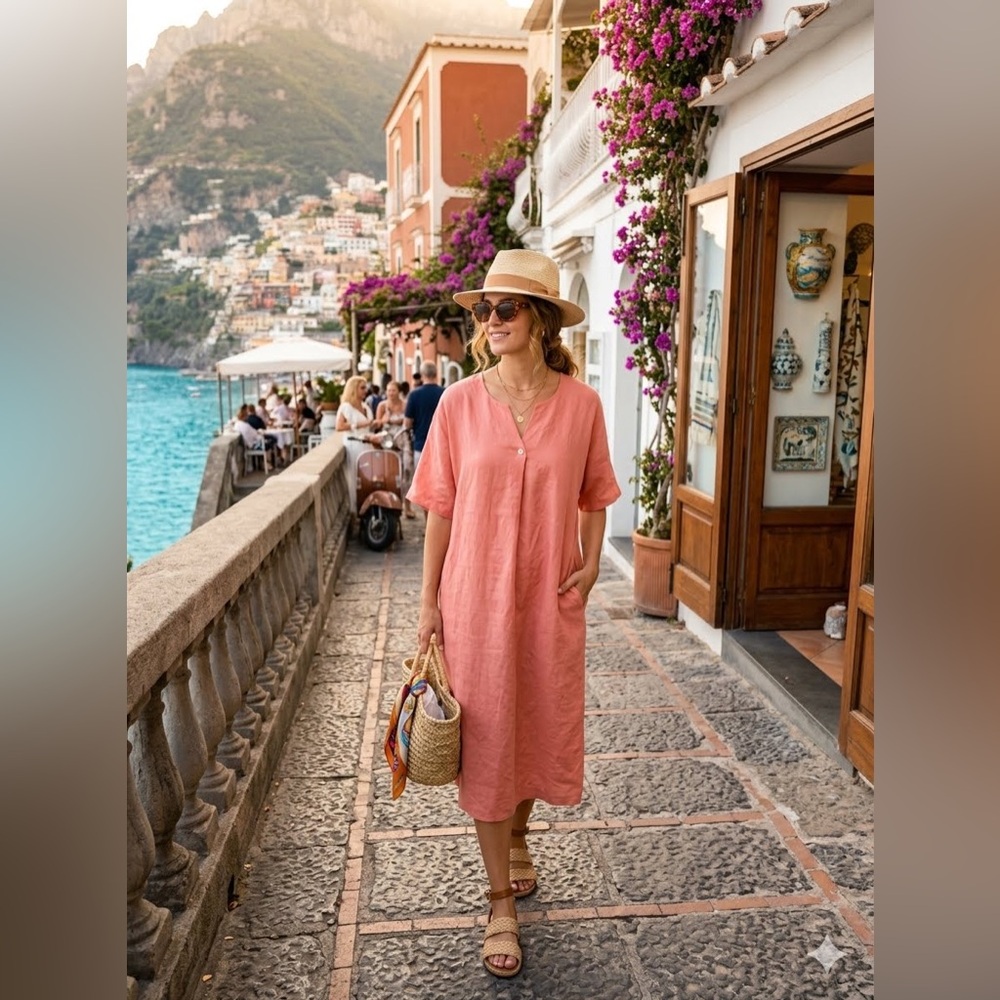 Women sz large coral midi linen dress pockets coastal relaxed summer minimalist
